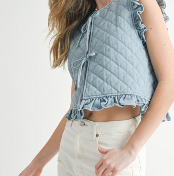 Quilted Ruffle Sleeve Denim Vest