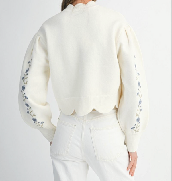 Long Sleeve Floral Embroidery Scalloped Sweater