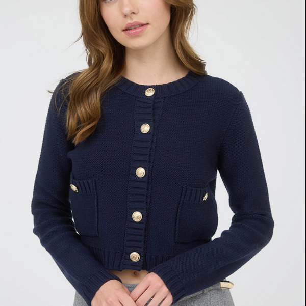 Gold Button Ribbed Cardigan-Navy