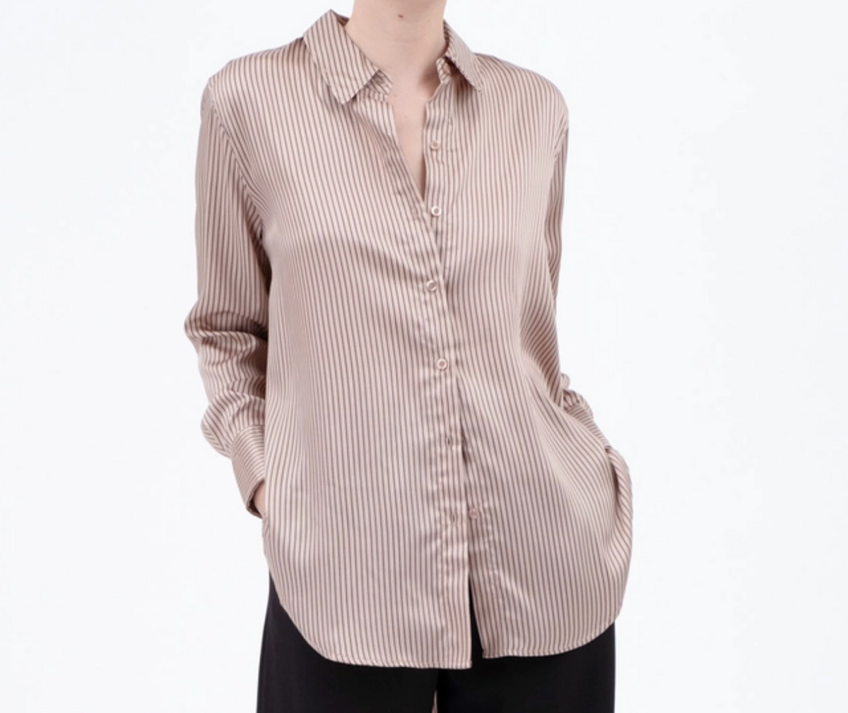 Pinstripe Button Down Long Sleeve Satin Blouse