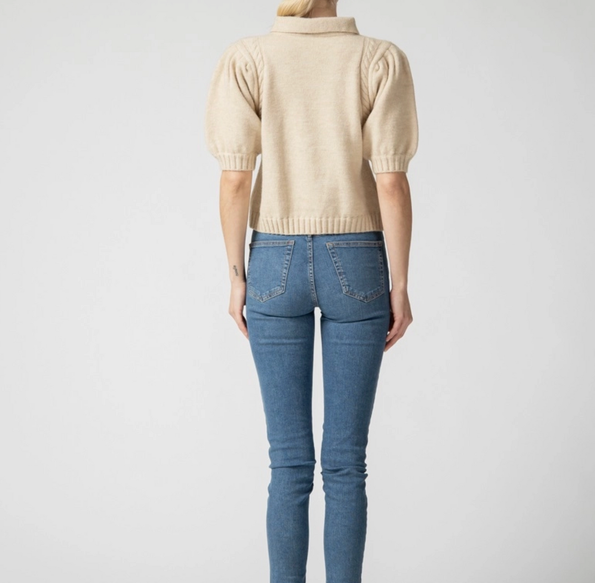 Button Down Collar Puff Short Sleeve Sweater Top