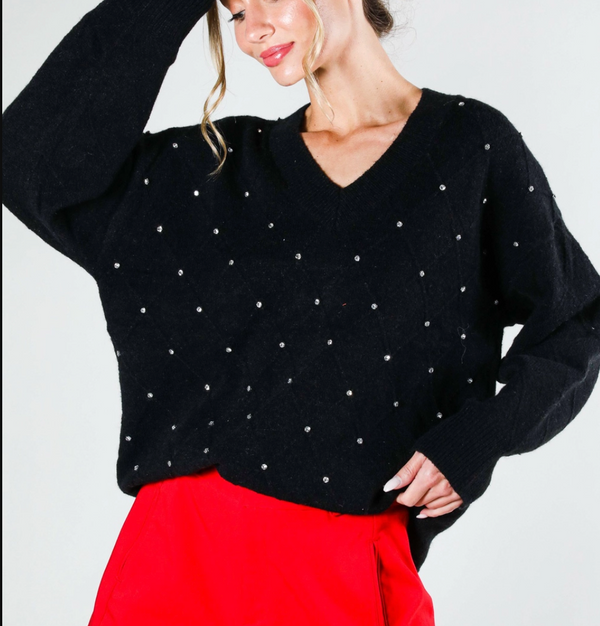 V-Neck Rhinestone Accent Argyle Knitted Sweater Top