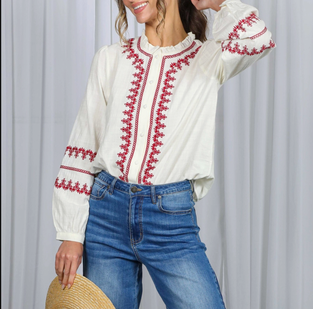Ruffle Neck Embroidered Bohemian Blouse Top