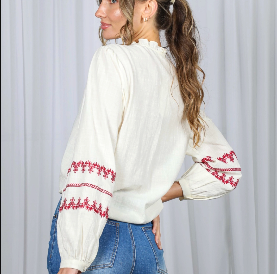 Ruffle Neck Embroidered Bohemian Blouse Top