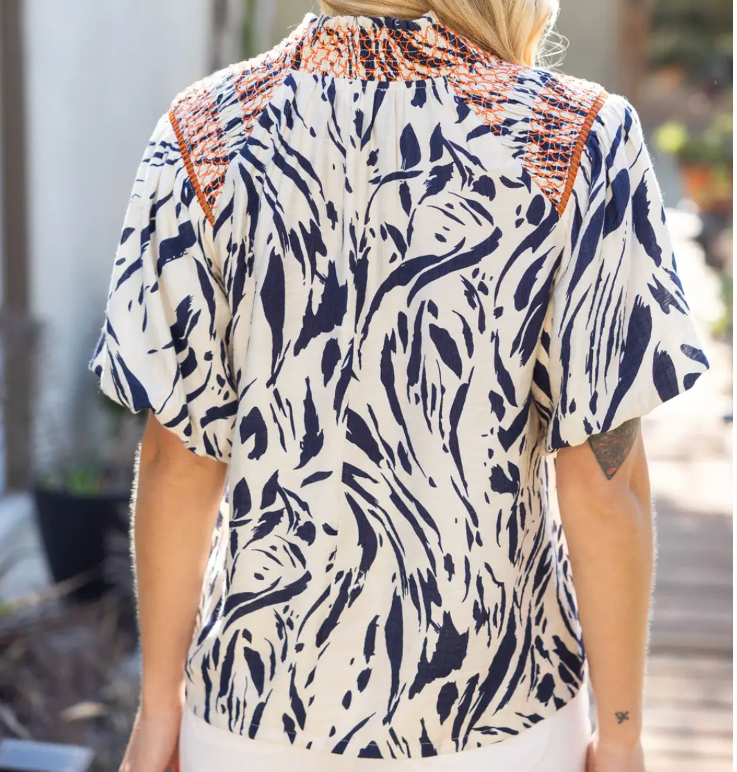 Smocked Neck and Shoulder Detail Printed Top
