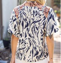 Smocked Neck and Shoulder Detail Printed Top