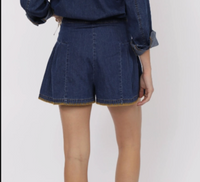 Magnolia Blanket Stitch Denim Flounce Short : Dark Blue Rust