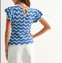 Blue and White Chevron Short Sleeve Sweater