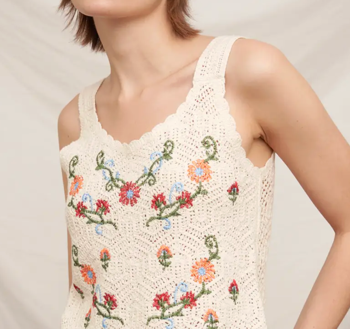 Sleeveless Floral Embroidered Crochet Cropped Top