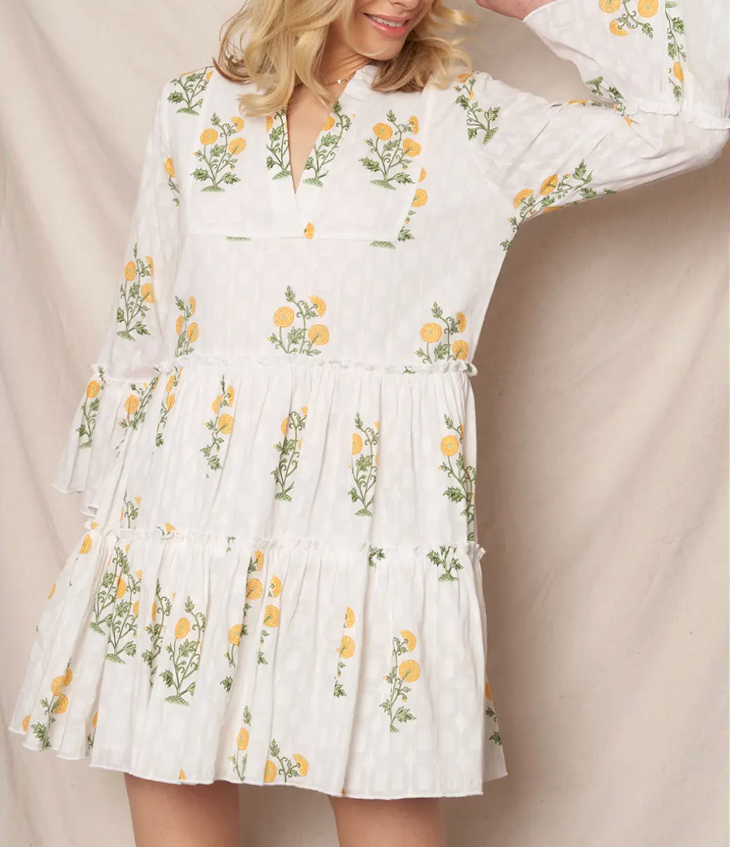 Flower Print 3/4 Sleeve V-Neck Tiered Mini Dress