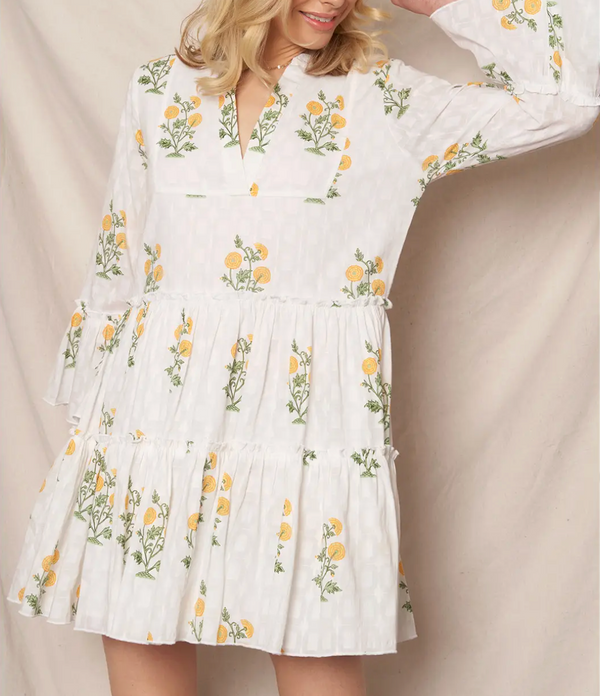 Flower Print 3/4 Sleeve V-Neck Tiered Mini Dress