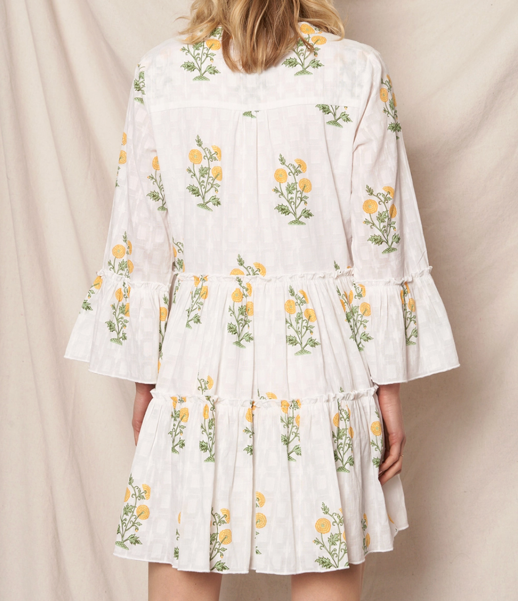 Flower Print 3/4 Sleeve V-Neck Tiered Mini Dress