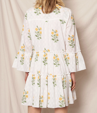 Flower Print 3/4 Sleeve V-Neck Tiered Mini Dress