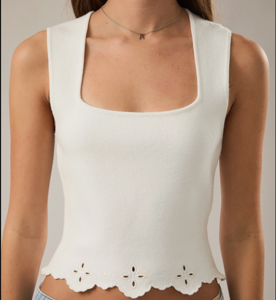 Square Neck Eyelet Detail Scallop Hem Sleeveless Sweater Top