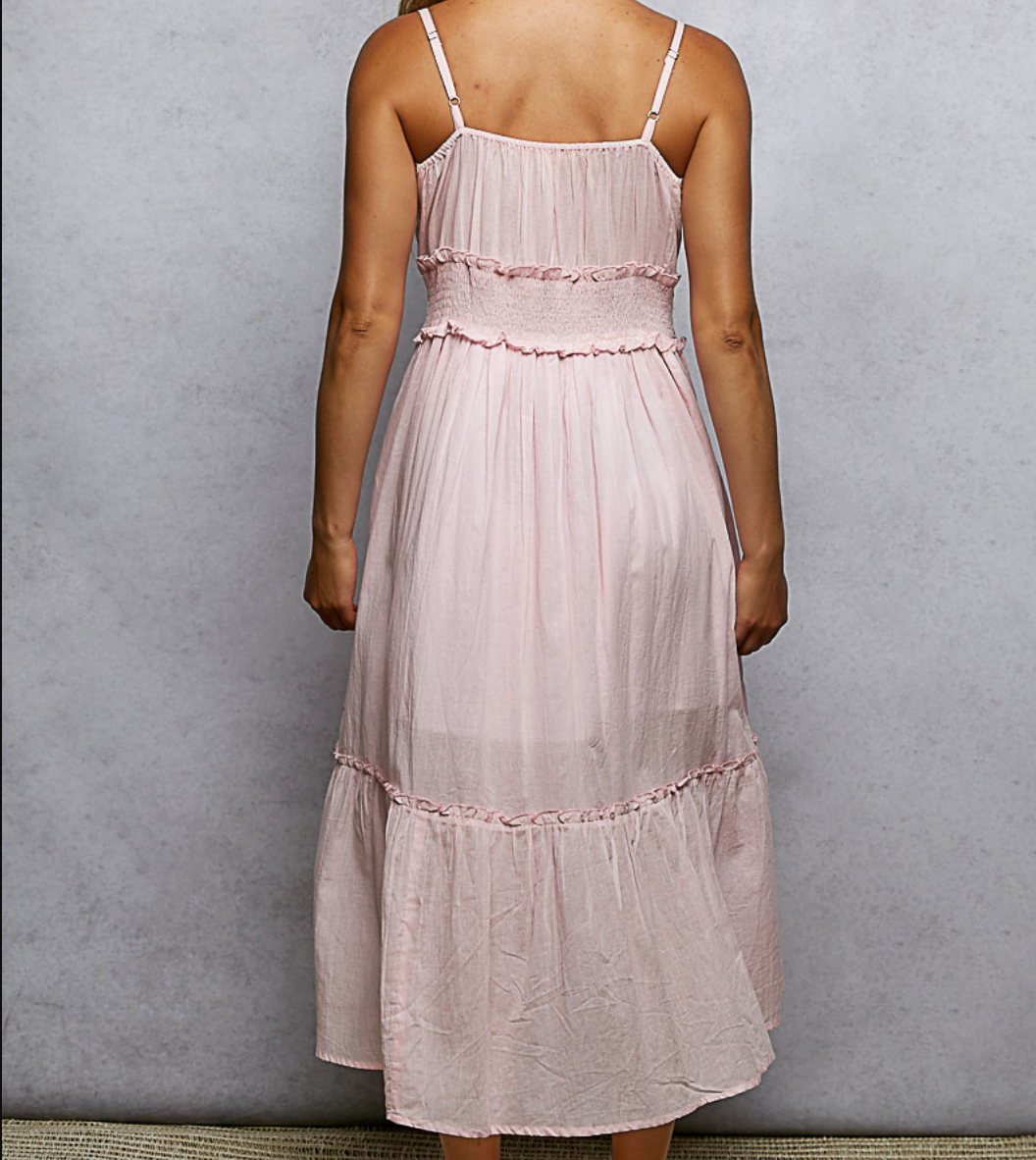 V-Neck Sleeveless Smocked Band Ruffle Woven Dress