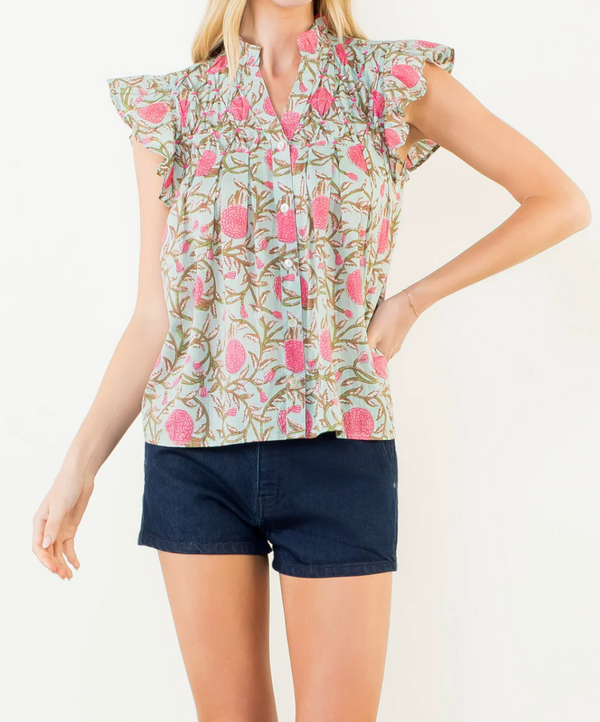 Flutter Sleeve Floral Button Up Top