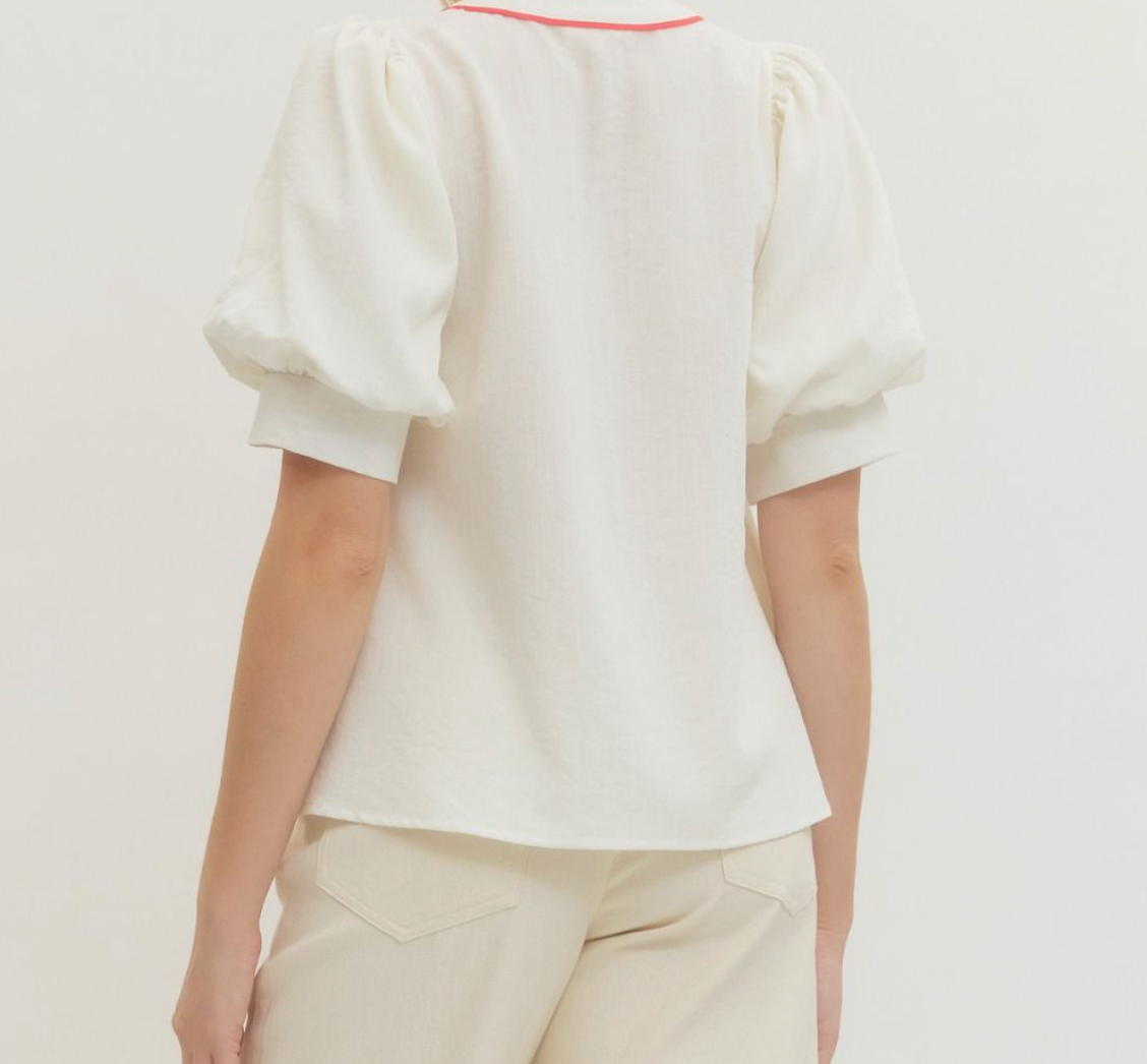 Floral embroidered Short Puff Sleeve Top