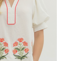 Floral embroidered Short Puff Sleeve Top