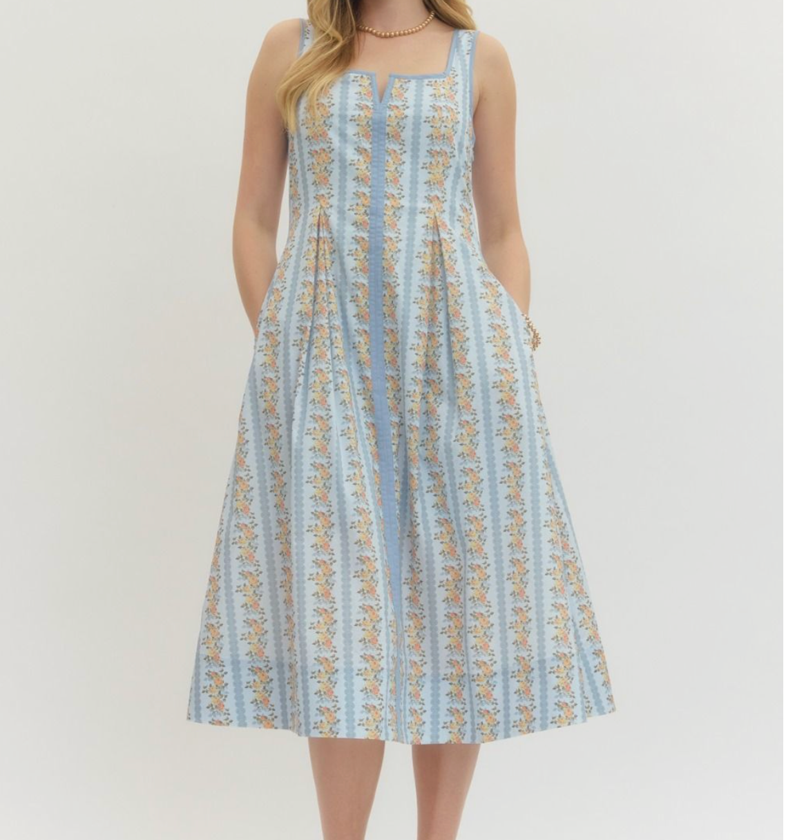 Floral Stripe Print Sleeveless Midi Dress