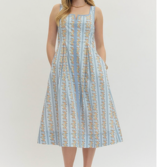 Floral Stripe Print Sleeveless Midi Dress