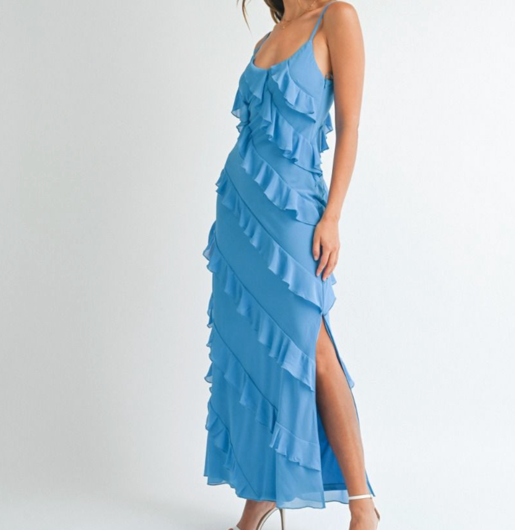 Adjustable Spaghetti Strap V-Neck line Ruffle Tiered Maxi Dress