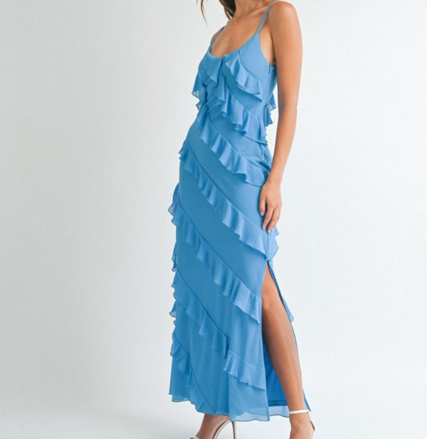 Adjustable Spaghetti Strap V-Neck line Ruffle Tiered Maxi Dress