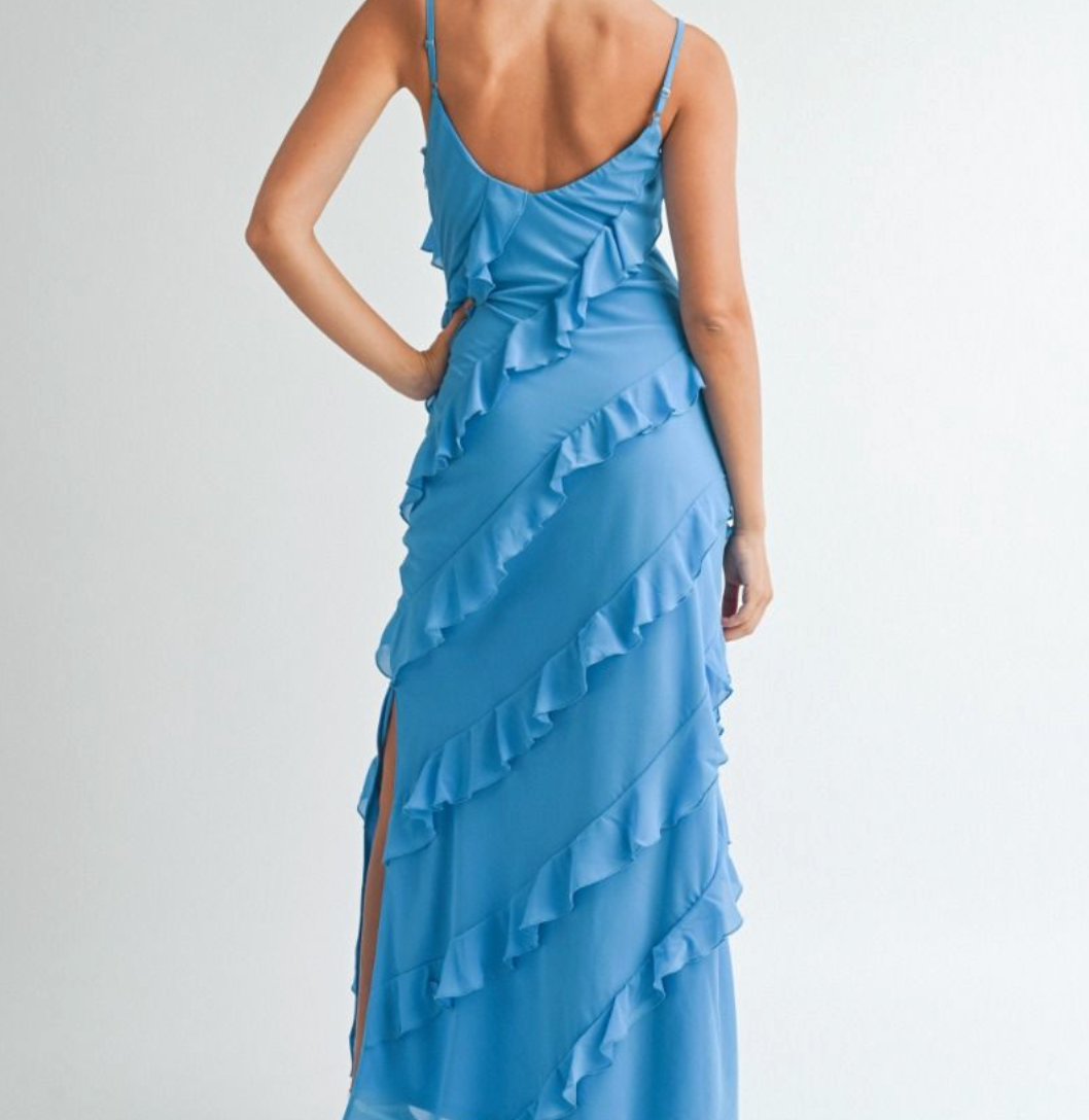 Adjustable Spaghetti Strap V-Neck line Ruffle Tiered Maxi Dress
