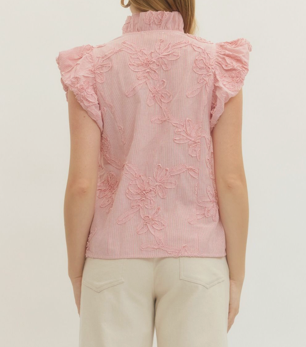 Striped Floral Applique Flutter Sleeve Top