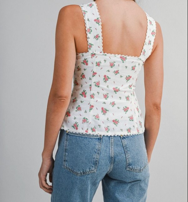 Floral Woven Sleeveless Top With Sweetheart Neckline