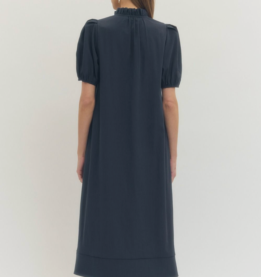 Solid Short Puff Sleeve Midi Dress Navy