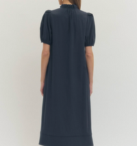 Solid Short Puff Sleeve Midi Dress Navy