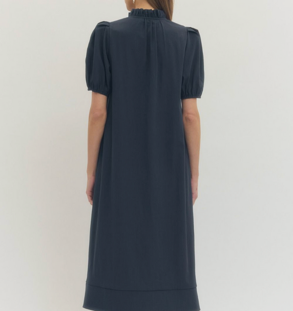 Solid Short Puff Sleeve Midi Dress Navy