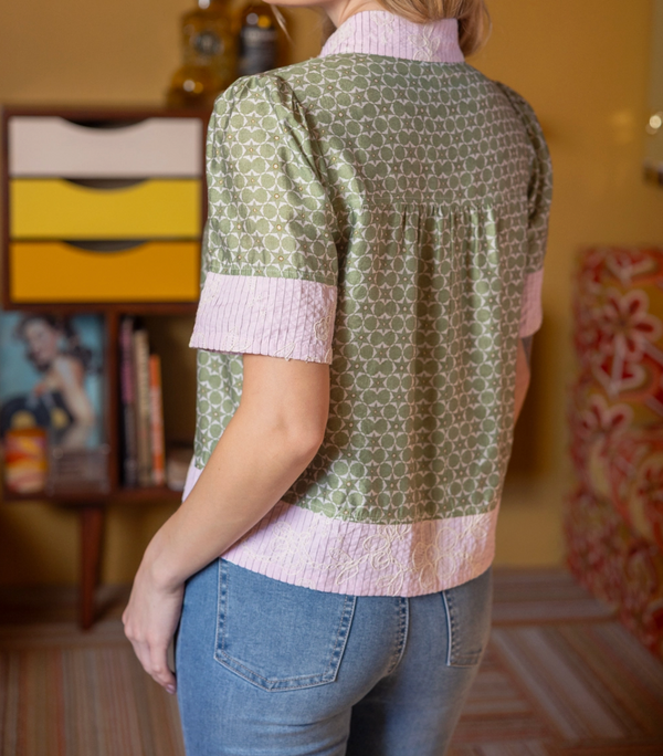 Mixed Print Button Down Embroidered Top
