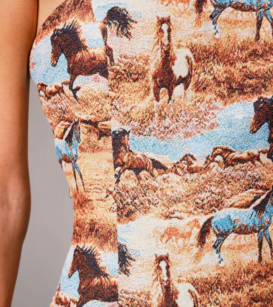 Jacquard Horse Lace Up Mini Dress