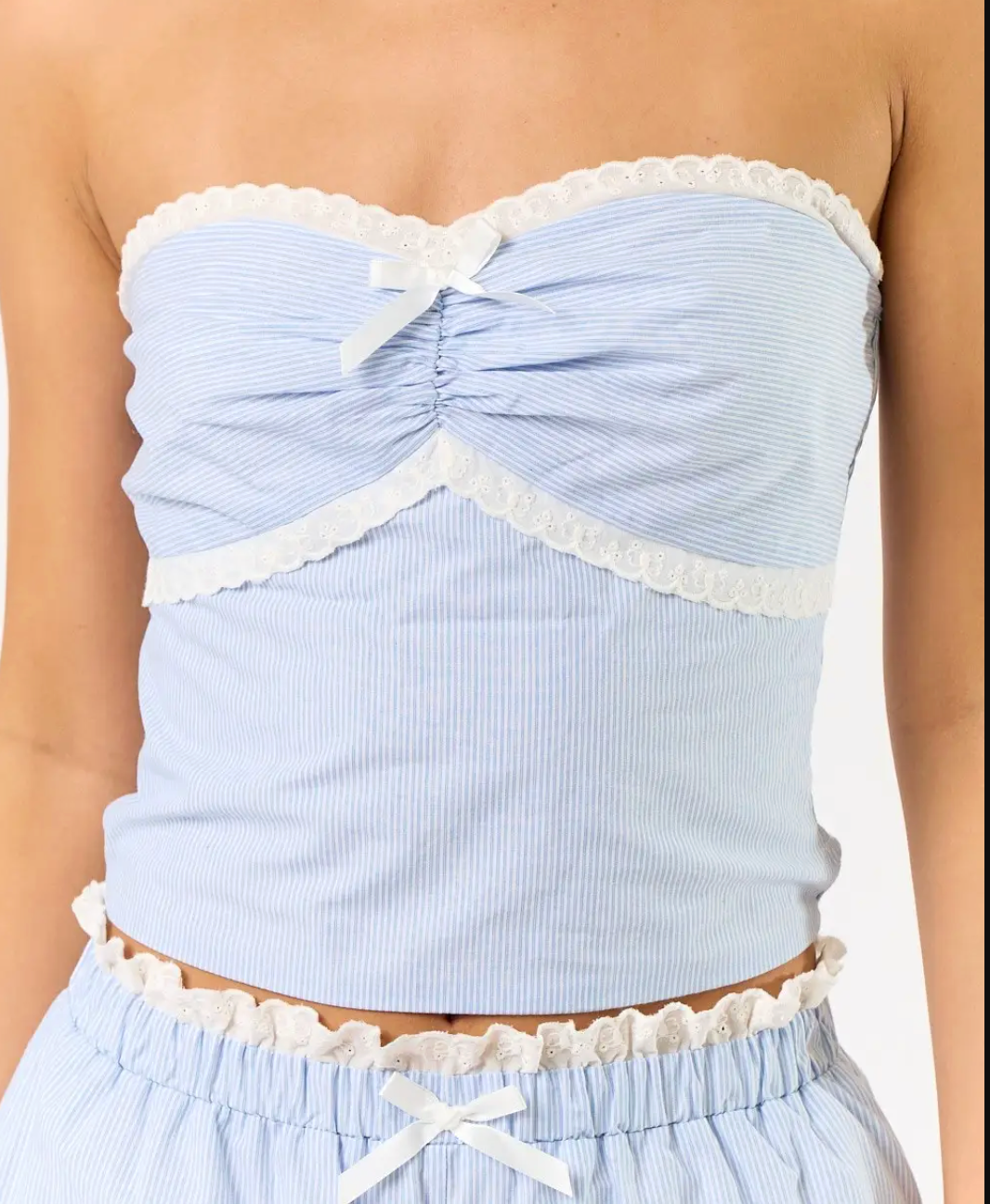 Pinstripe Tube Top with Lace Trim and Shorts