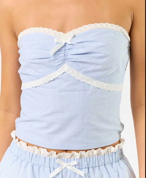 Pinstripe Tube Top with Lace Trim and Shorts