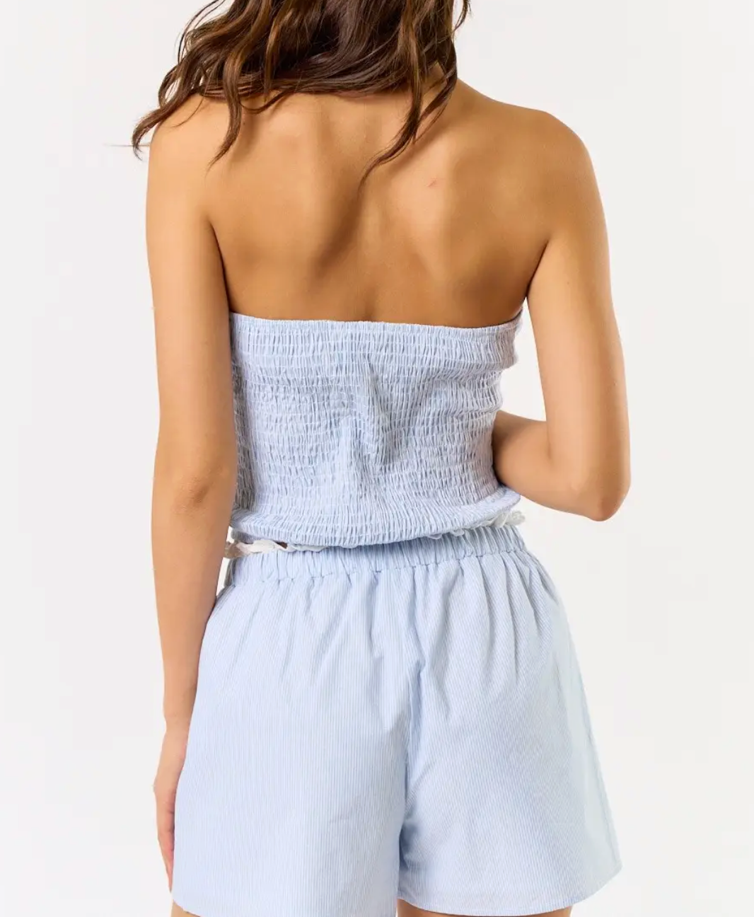 Pinstripe Tube Top with Lace Trim and Shorts