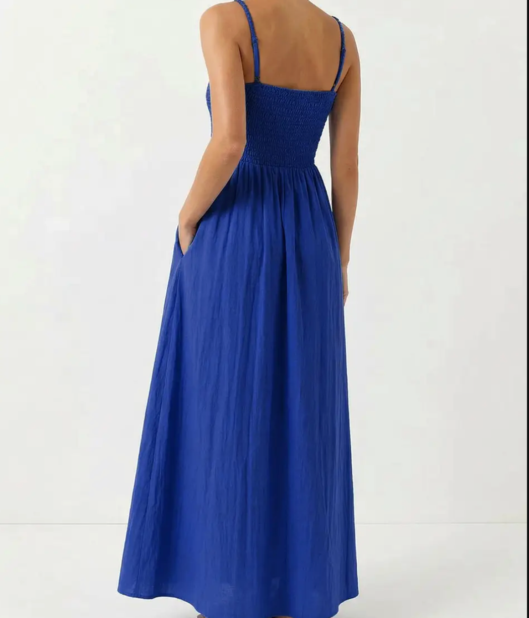 Pom Pom Smocking Maxi Dress-Capri Blue