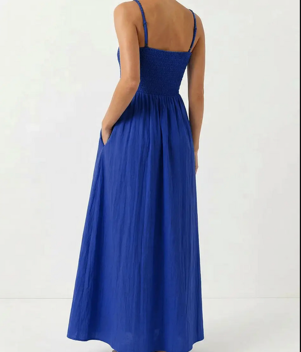 Pom Pom Smocking Maxi Dress-Capri Blue