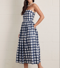 Navy Gingham Strapless Midi Dress