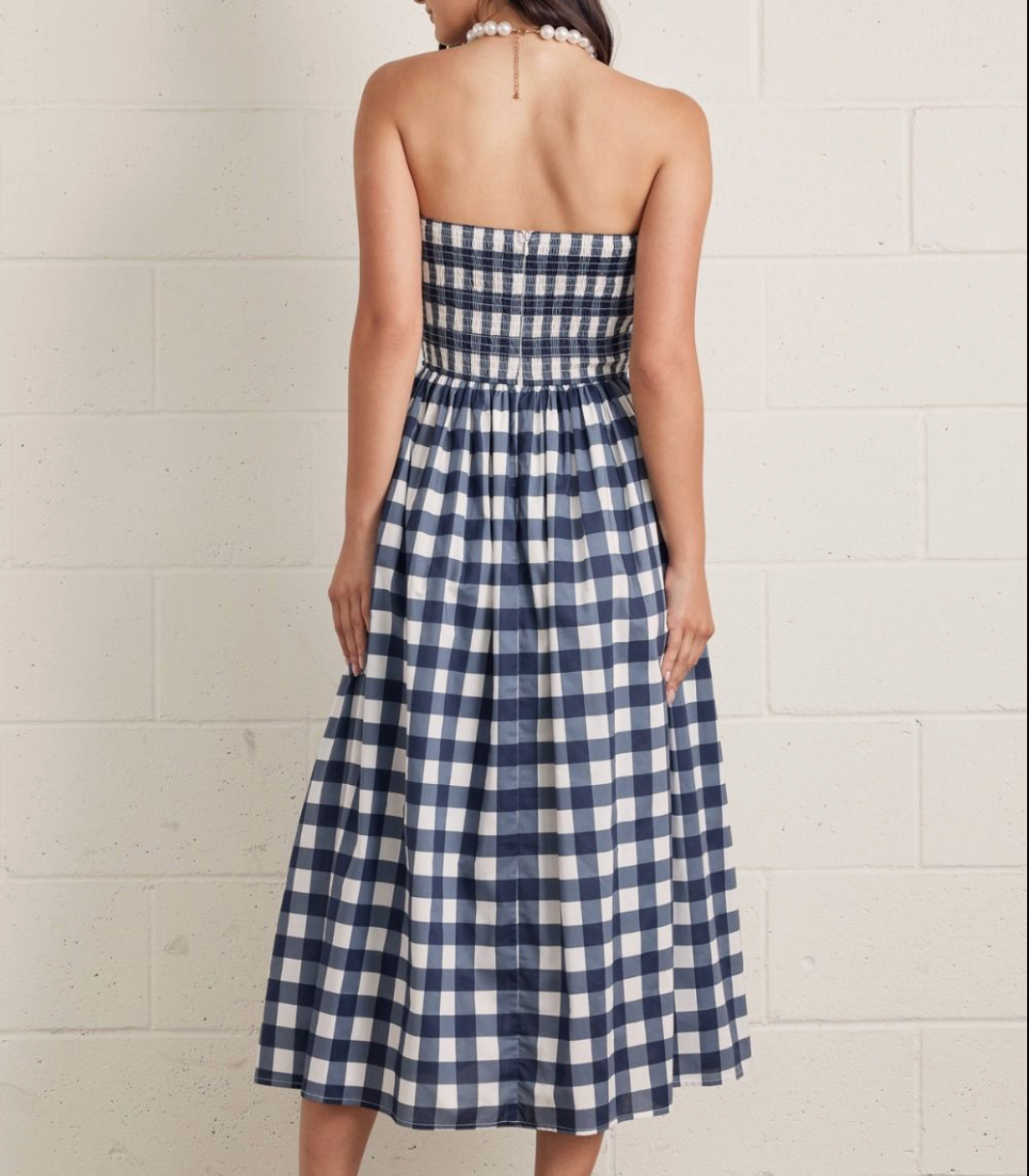 Navy Gingham Strapless Midi Dress