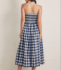 Navy Gingham Strapless Midi Dress
