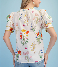 Floral Short Puff Sleeve Top with Trim Details