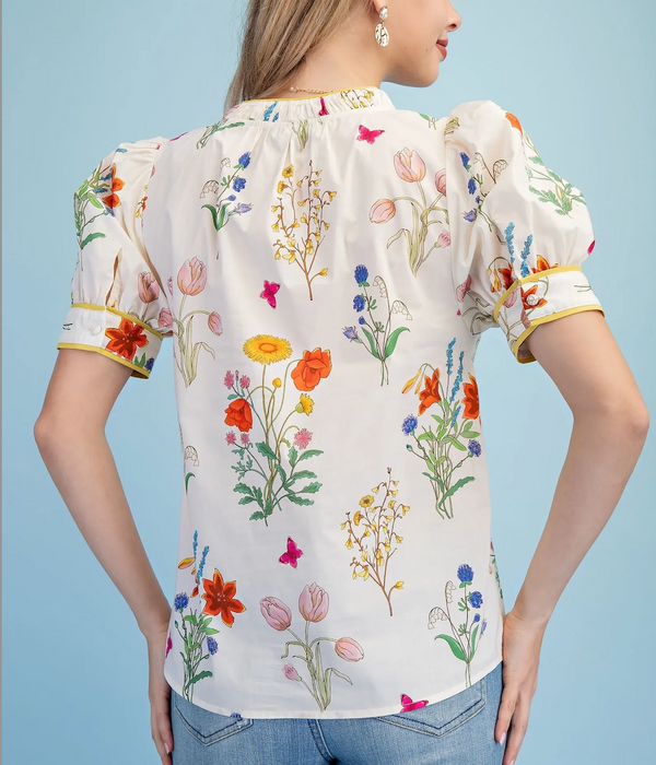 Floral Short Puff Sleeve Top with Trim Details