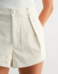 High-Waisted Pleated Ivory Tailored Cotton Shorts