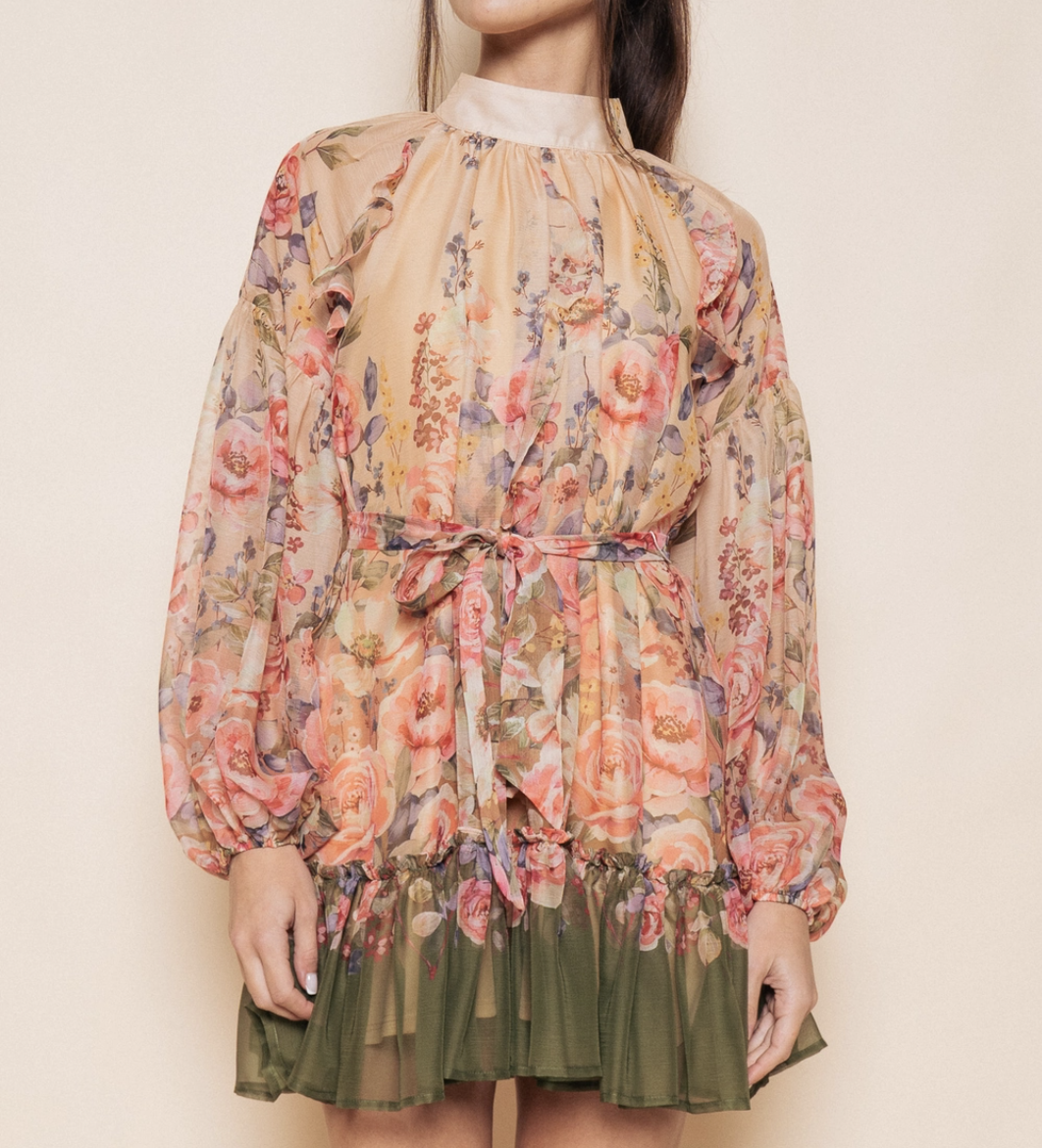 Sheer Mock Neck Flowy Mini Dress with Tie Belt L