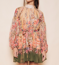 Sheer Mock Neck Flowy Mini Dress with Tie Belt