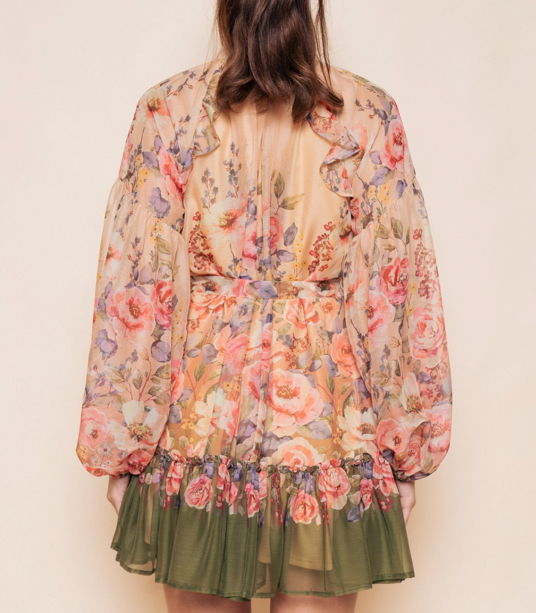 Sheer Mock Neck Flowy Mini Dress with Tie Belt