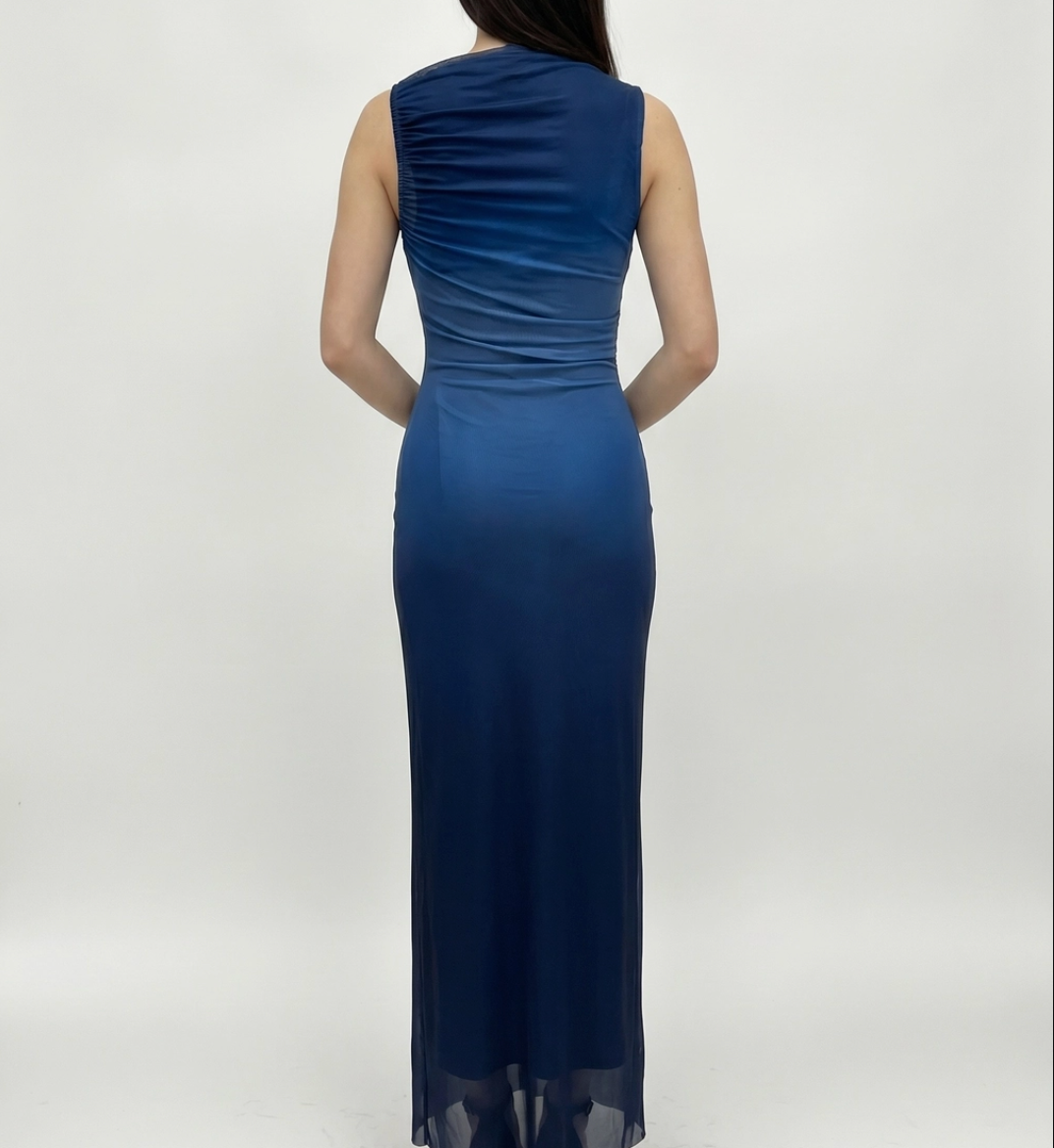 Chic Mesh Modern Ombre Sleeveless Long Dress-Blue