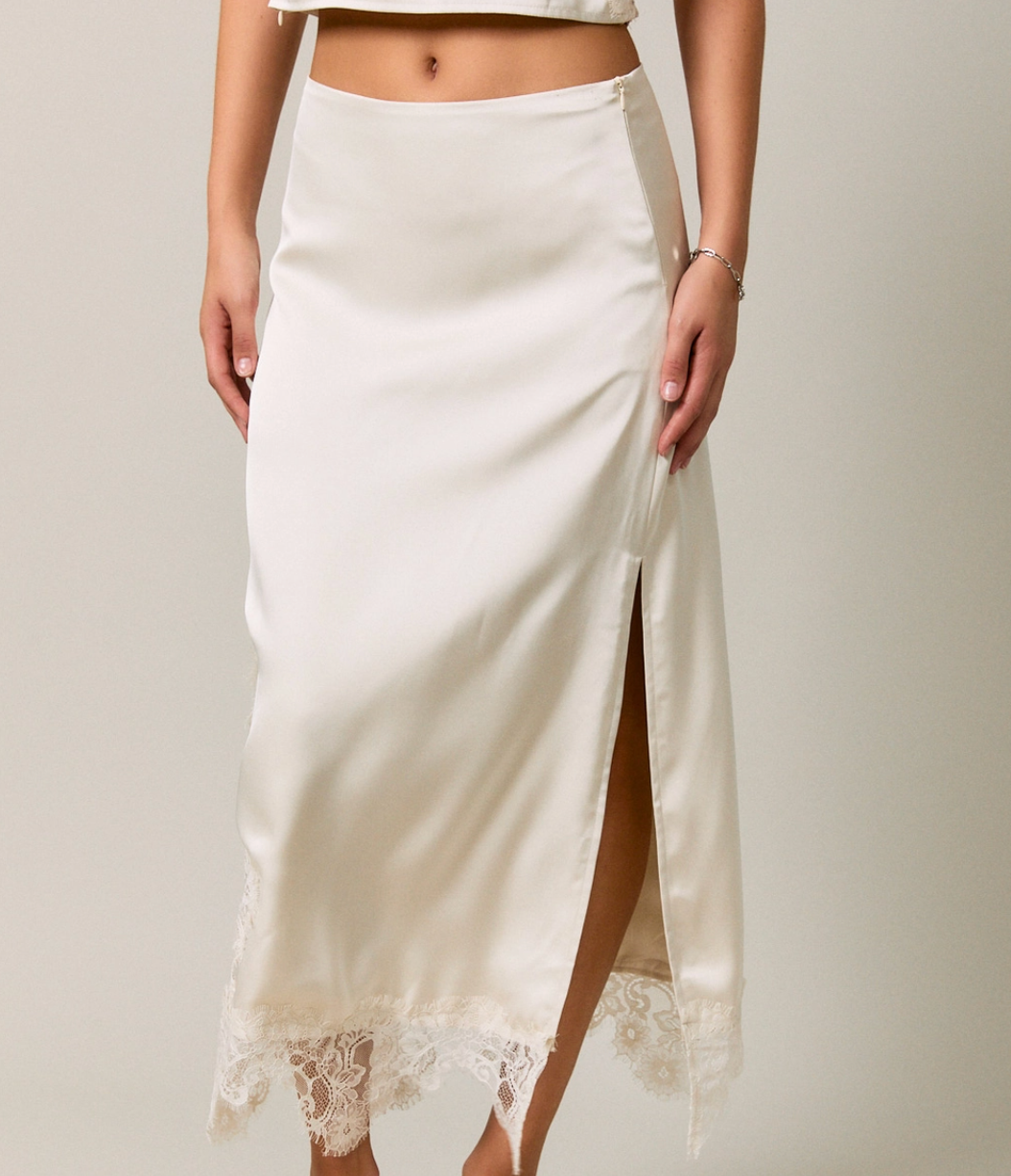 Mid Waist Lace Trim Detail Bias Midi Skirt-Cream